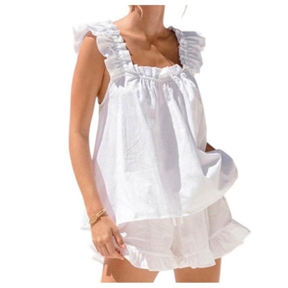 Commense Women's Pure Cotton Ruffle Shorts Set
